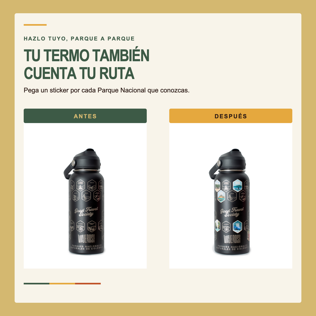 Antes y después del termo con stickers de Parques Nacionales