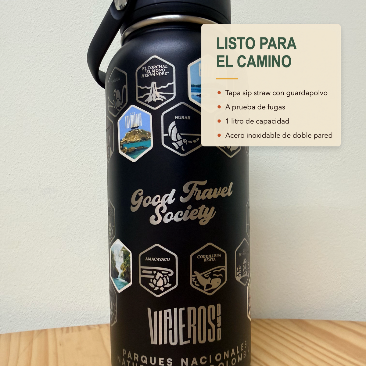 Termo de acero inoxidable de 1 litro listo para el camino