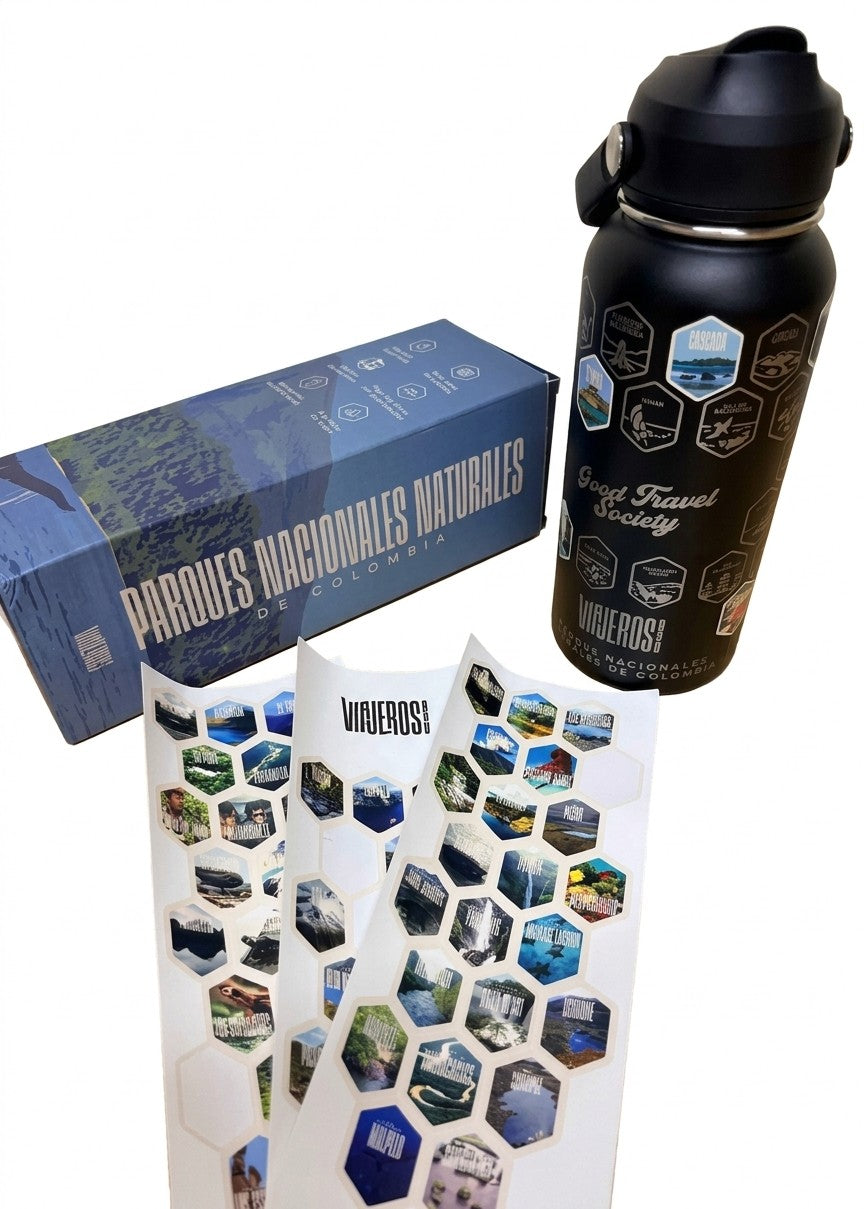 Termo con las 3 láminas de stickers de los 61 parques nacionales